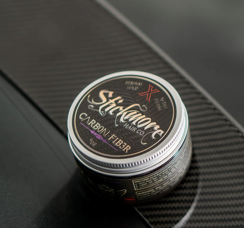 Carbon Fiber. Satin finish with a strong hold. 4oz jar plastic. Men's grooming products. Short hair styling products. High end hair care.