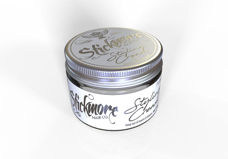 Styling Cream by Stickmore. 4oz jar in plastic container with white label. Perfect for a matte finishing styling product. Great for men's grooming and short hair styles. High end luxury hair products